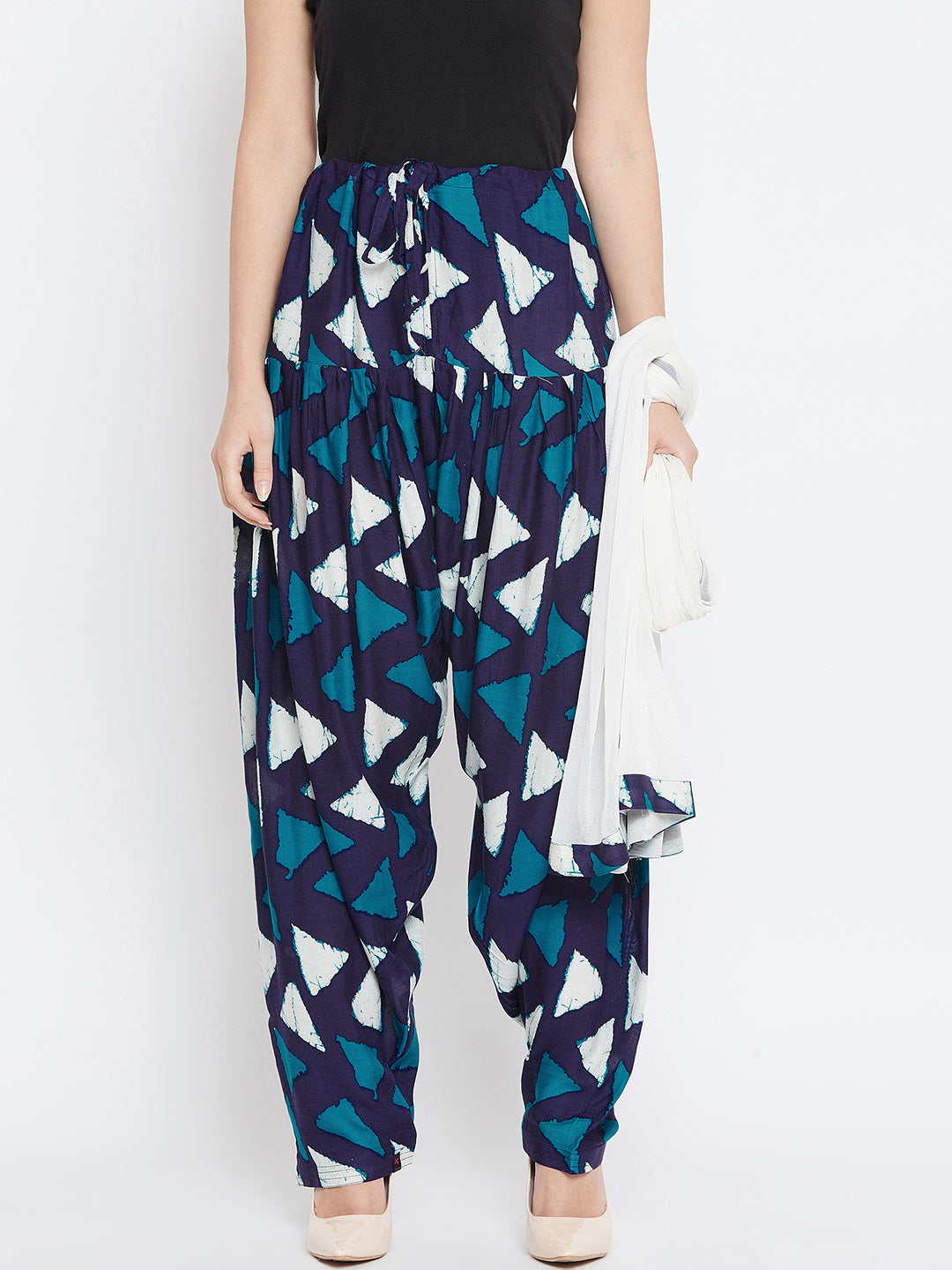 Geometric Pattern Navy Blue Printed Rayon Patiala with Dupatta