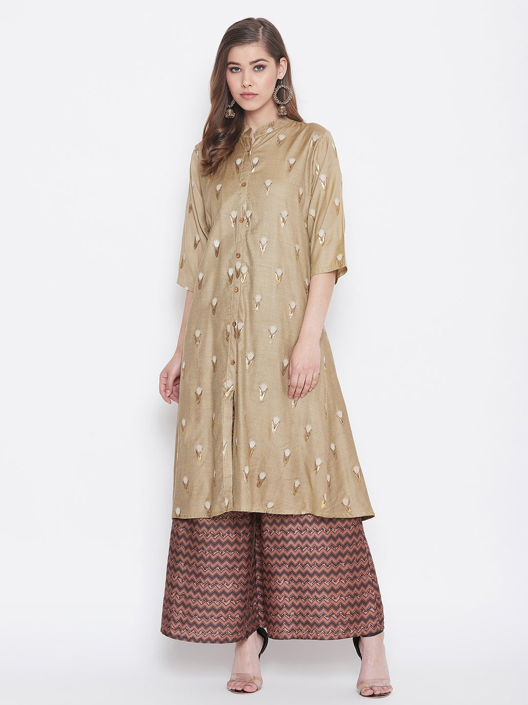 Glitter Printed Tan brown and Redwood Kurti with Palazzo
