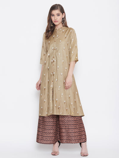 Glitter Printed Tan brown and Redwood Kurti with Palazzo
