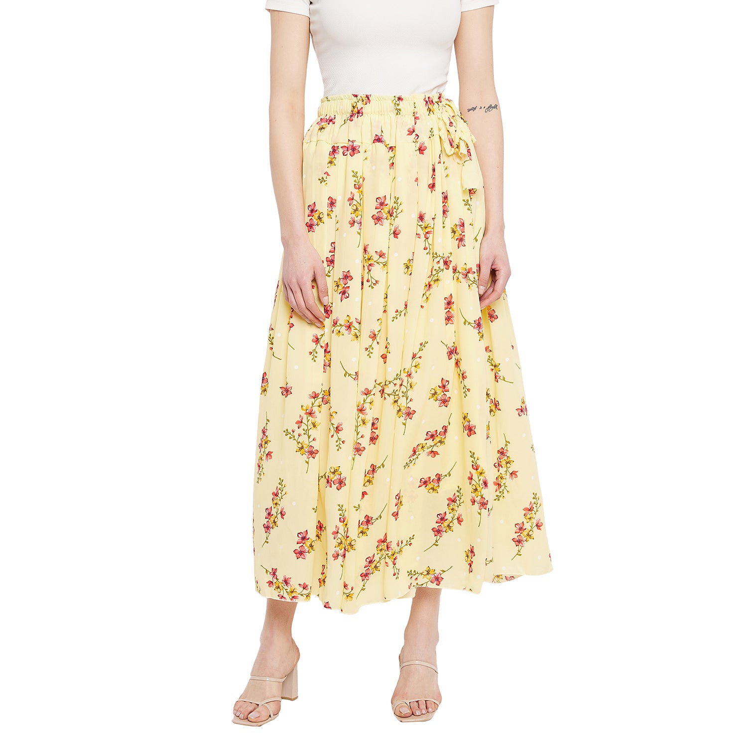 Yellow Peachy Floral Pleat Skirt