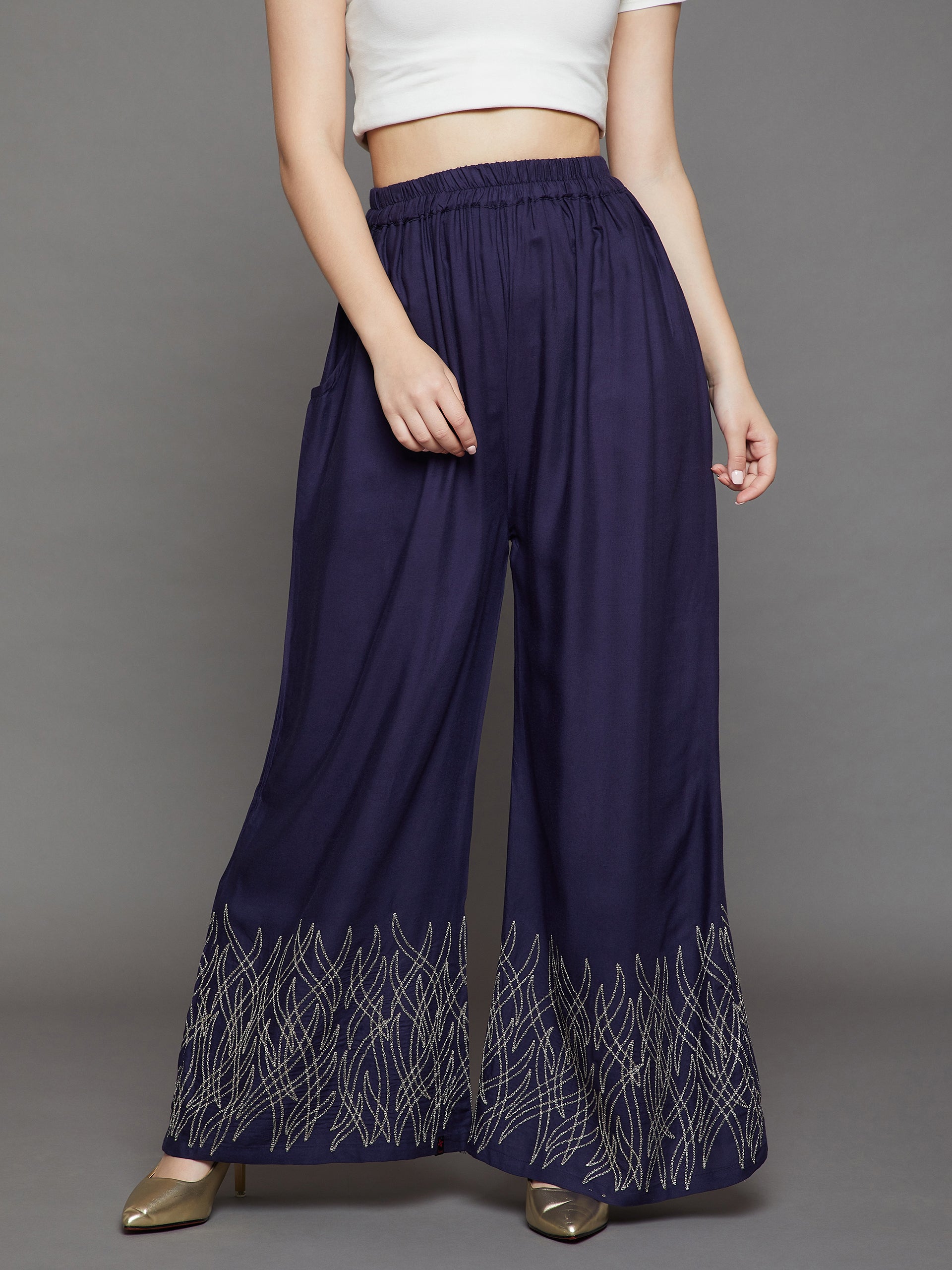 LASTINCH All Sizes Solid Navy Blue Palazzo Pants