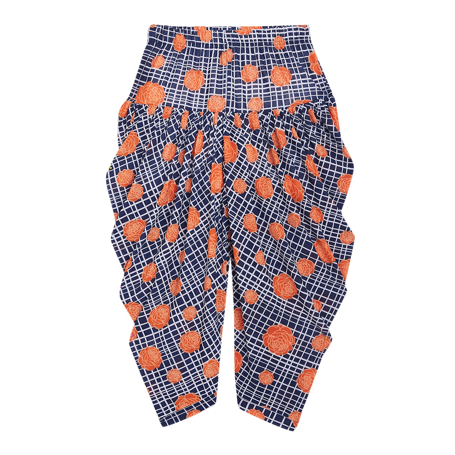 Blue Checks with Peach Flower Printed Dhoti