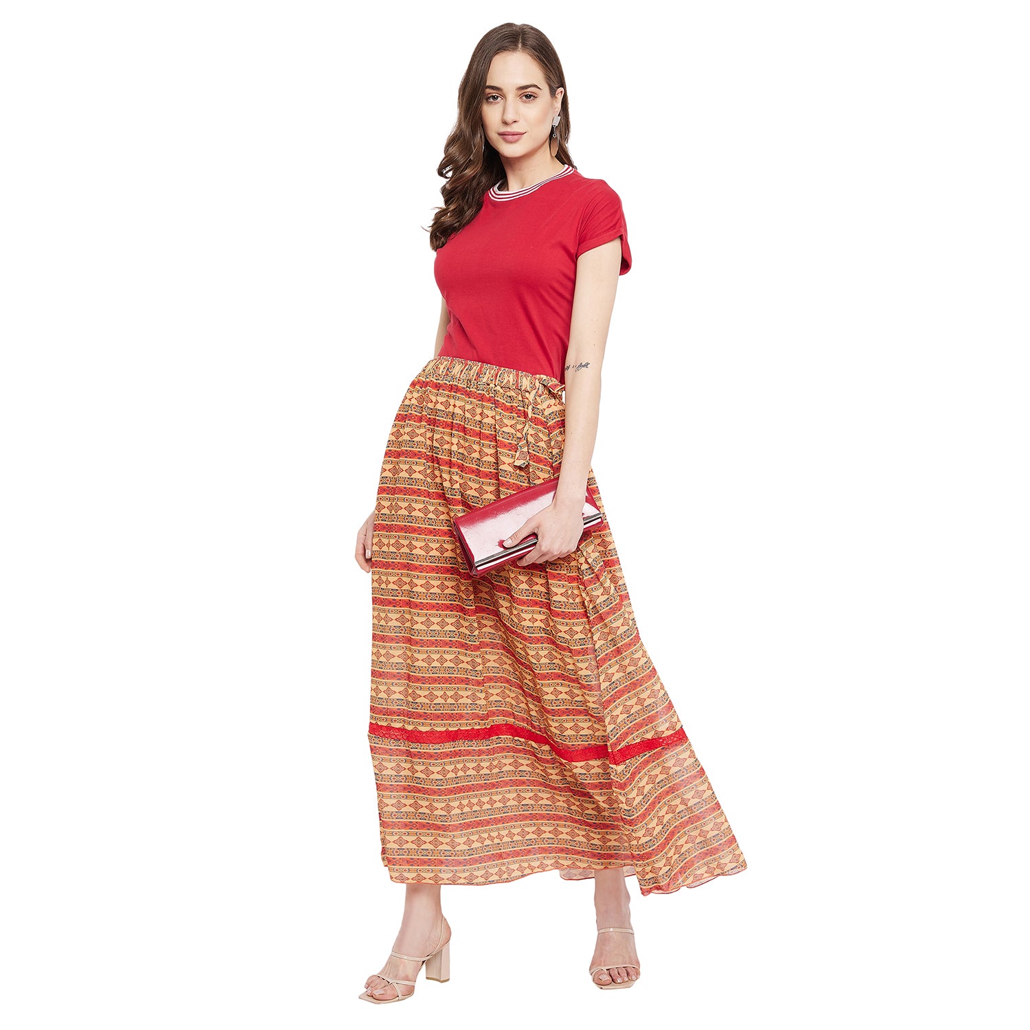 Abstract Print Red Net Lace Skirt Free Size