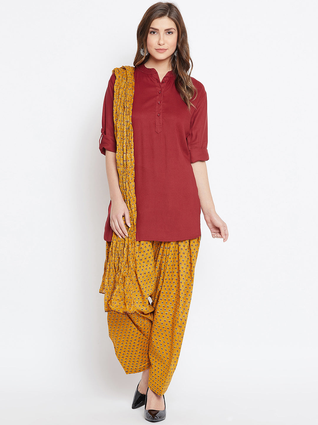 Ditsy Print Patiala with Maroon Kurti Set