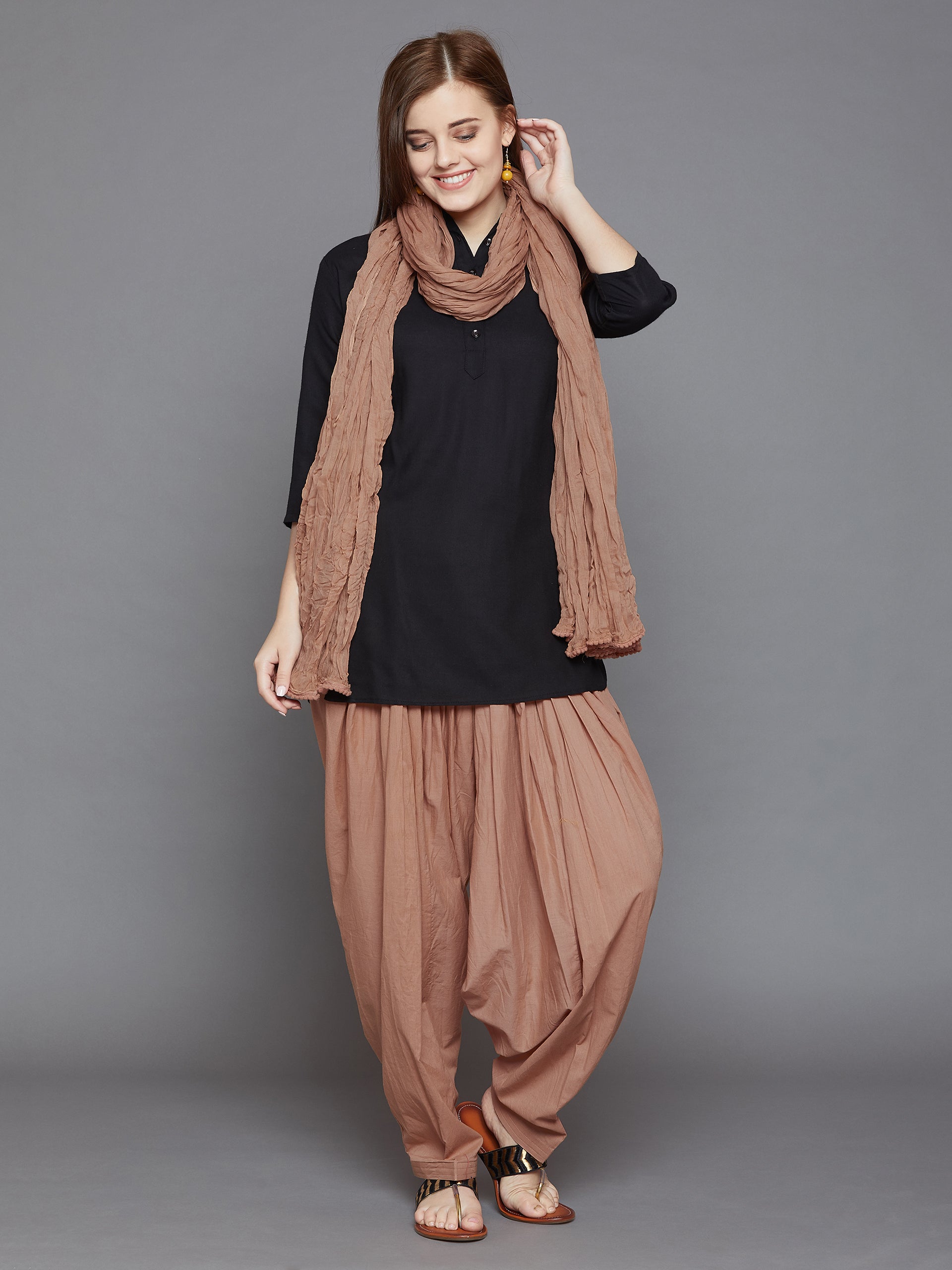 Brown Cotton Plain Patiala with Dupatta
