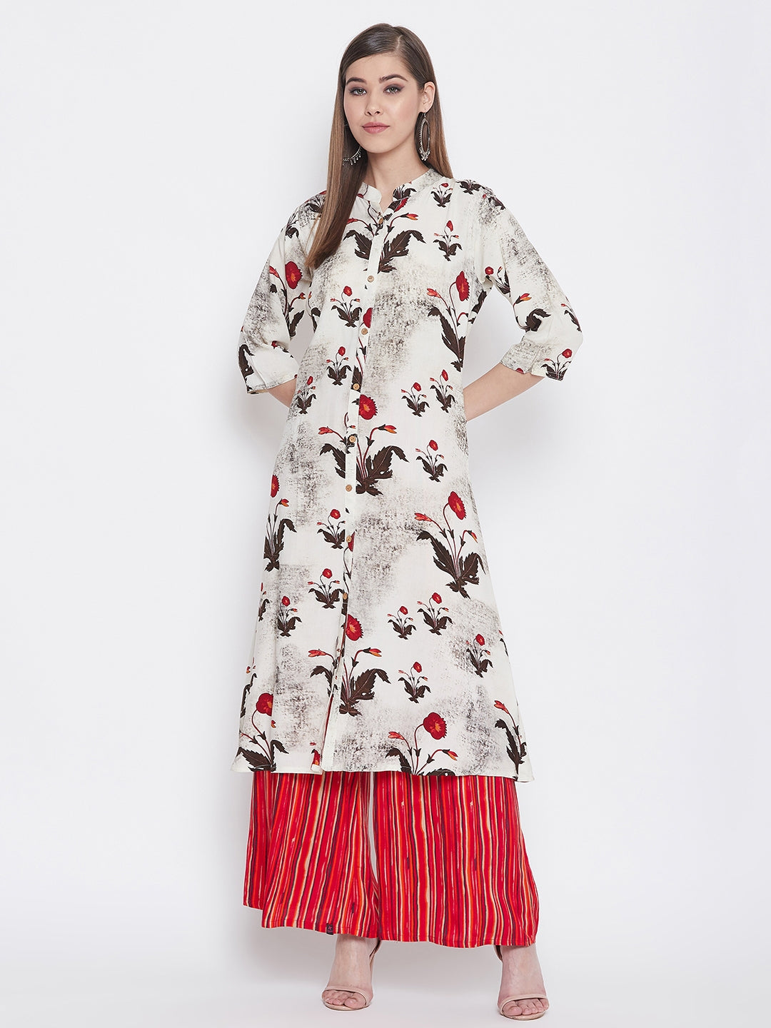 Floral Printed White and Red Kurti with Palazzo