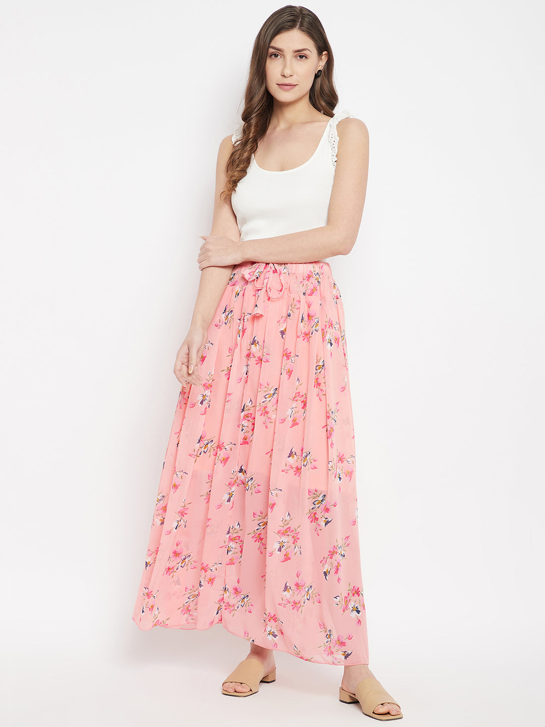 Pink & Peach Pleat Floral Skirt Free Size Peach