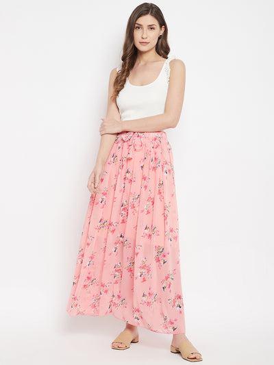 Pink & Peach Pleat Floral Skirt Free Size Peach