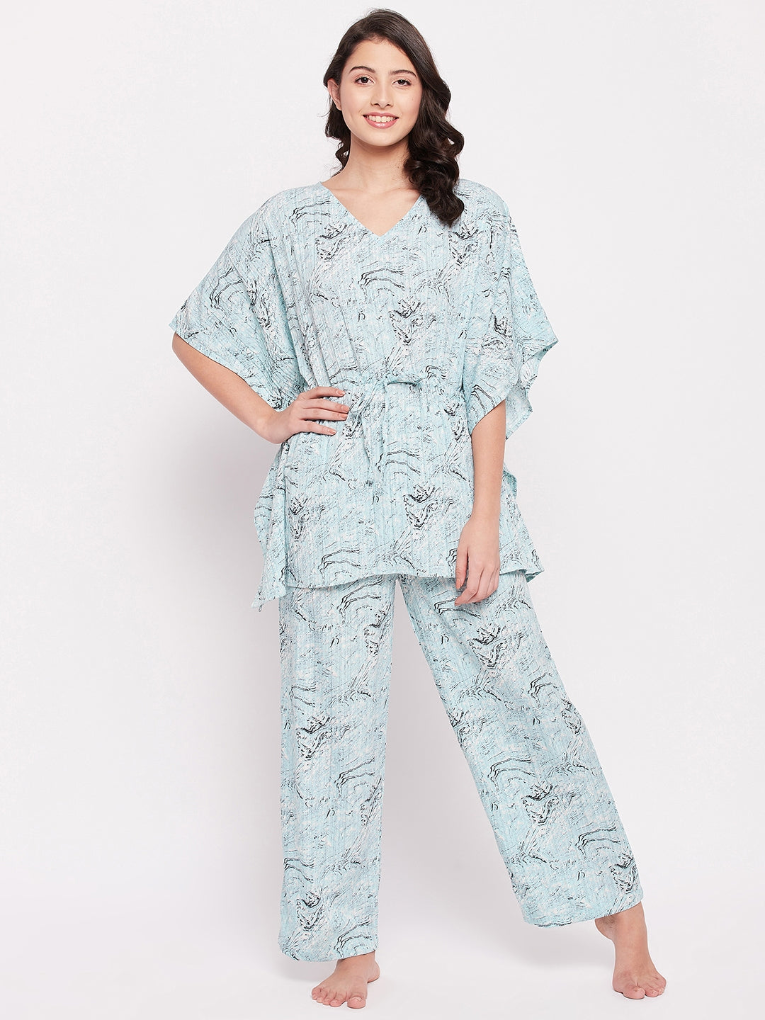 Marble Textured Kaftan Sets Sky Blue