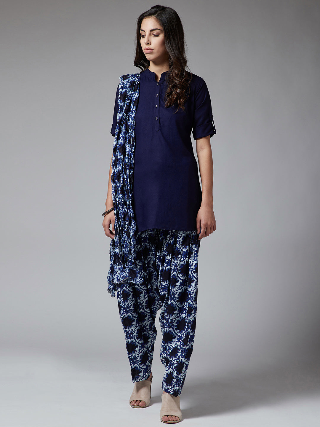 Damask Print Patiala with Navy Blue Kurti Set