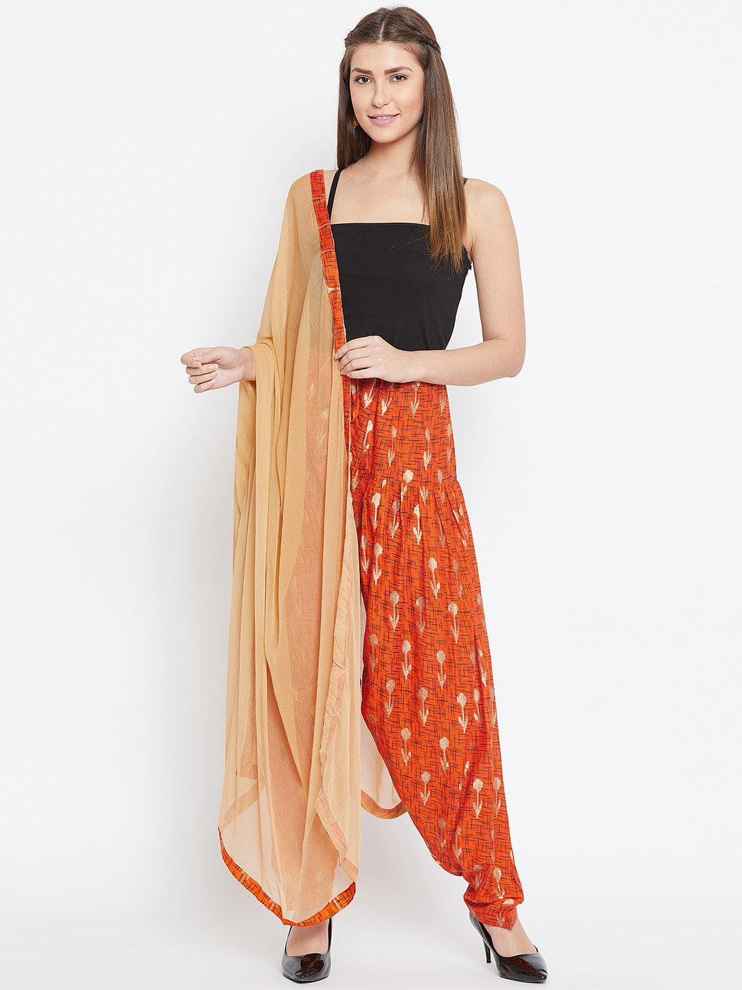 Orange Abstract with Foil Print Rayon Patiala with Dupatta