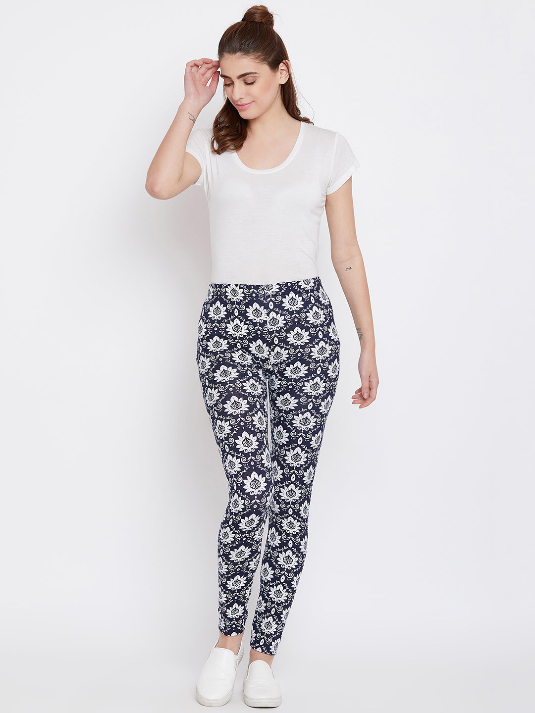 Navy blue with Lotus Printed Legging Free Size