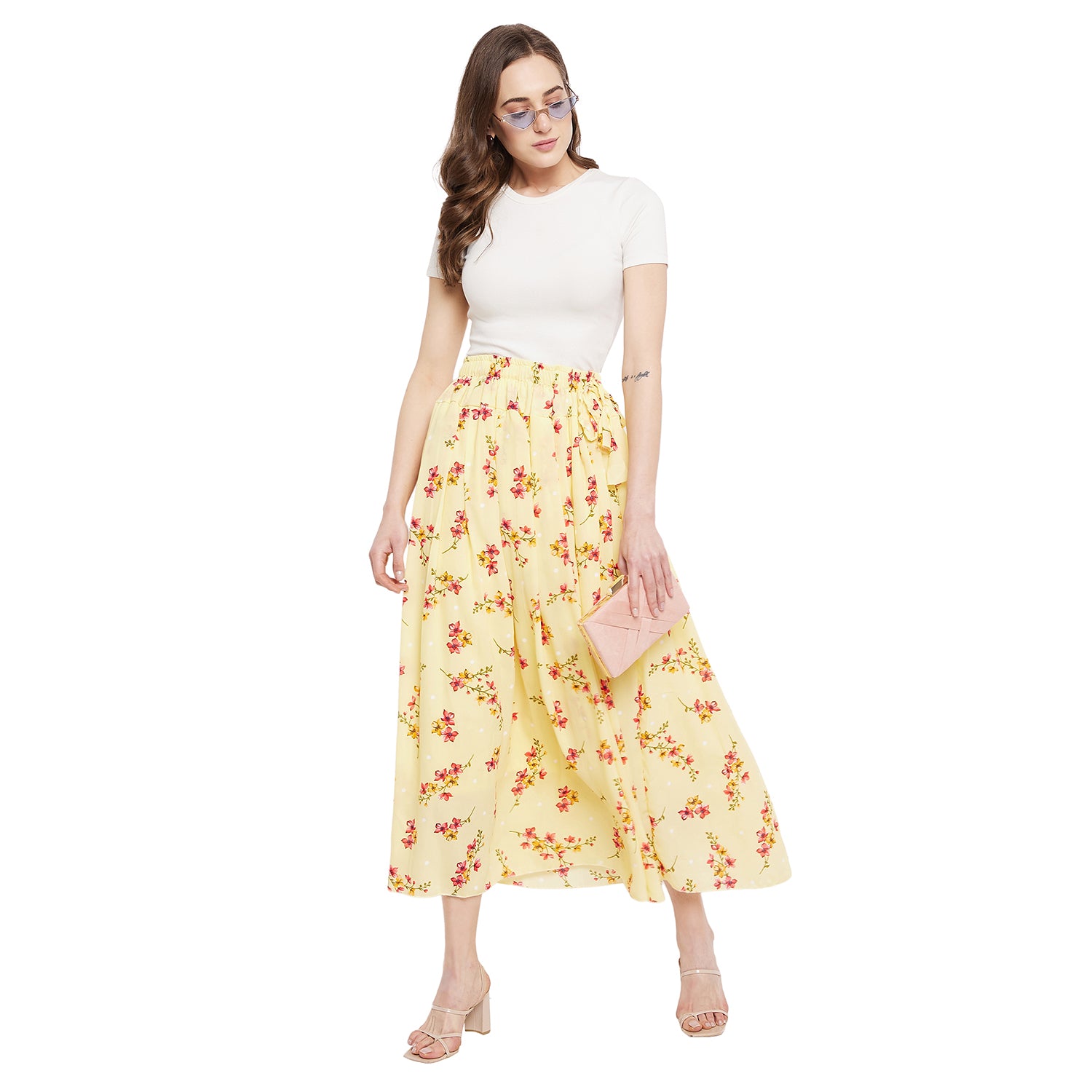 Yellow Peachy Floral Pleat Skirt Free Size