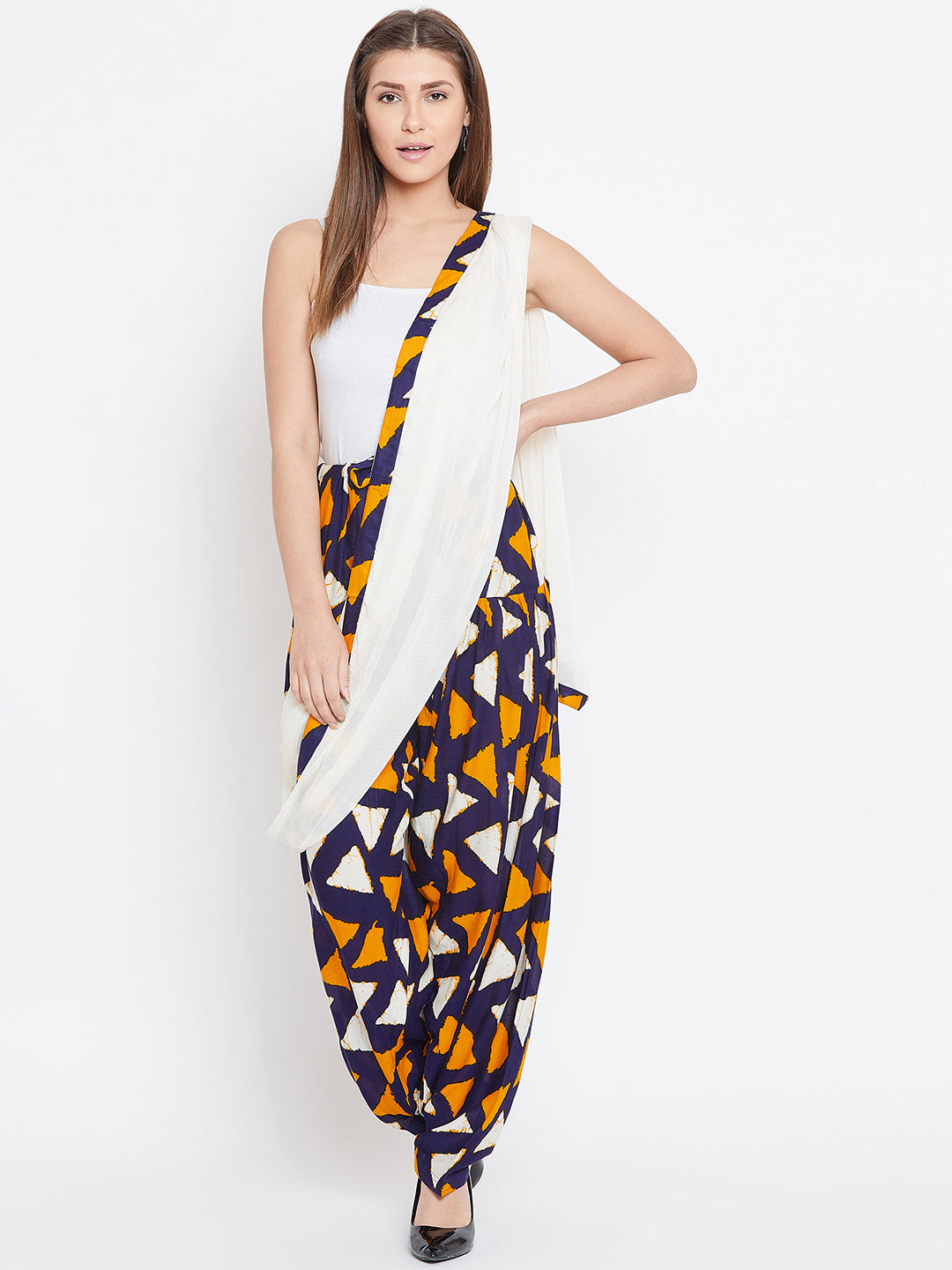 Orange & Navy Blue Geometrical Print Rayon Patiala with Dupatta