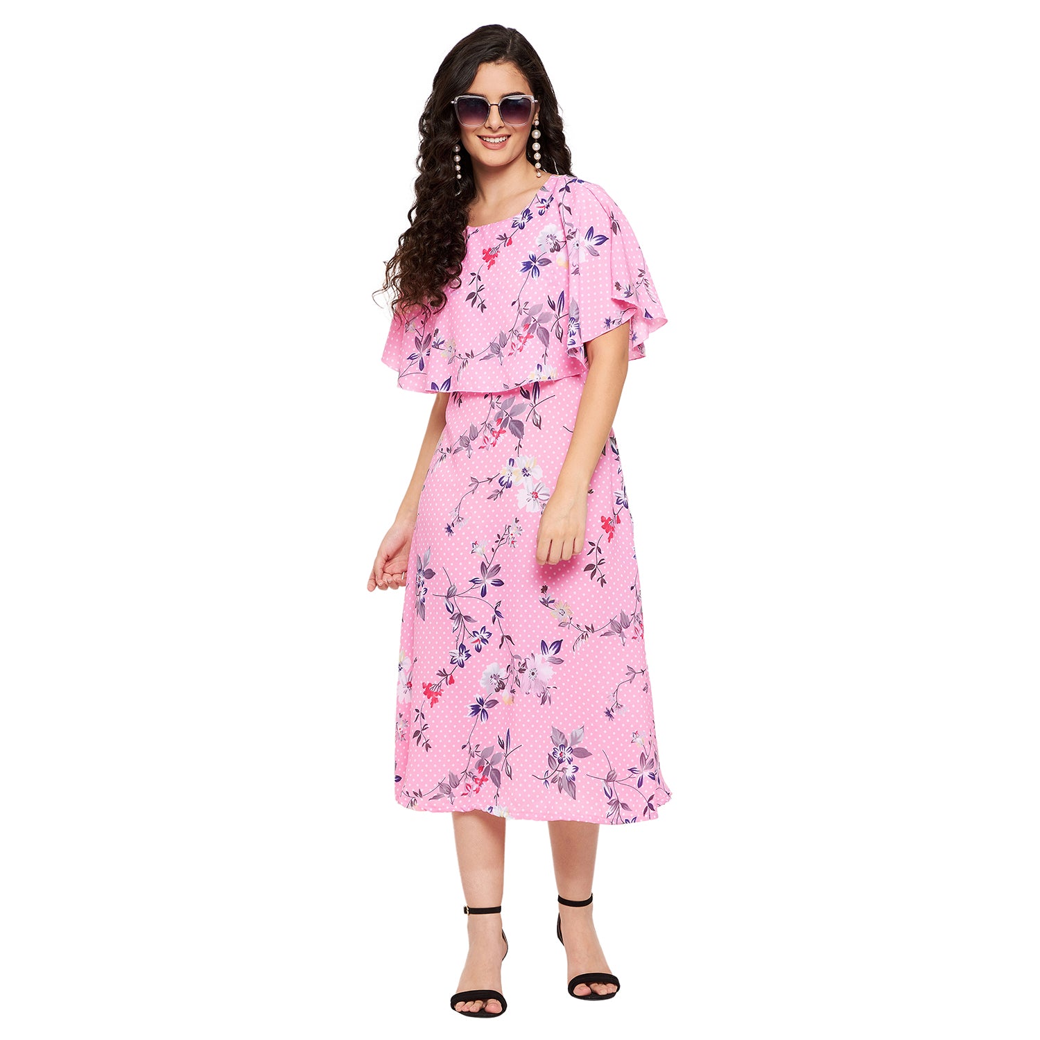 Floral Polka Cape Midi Dress