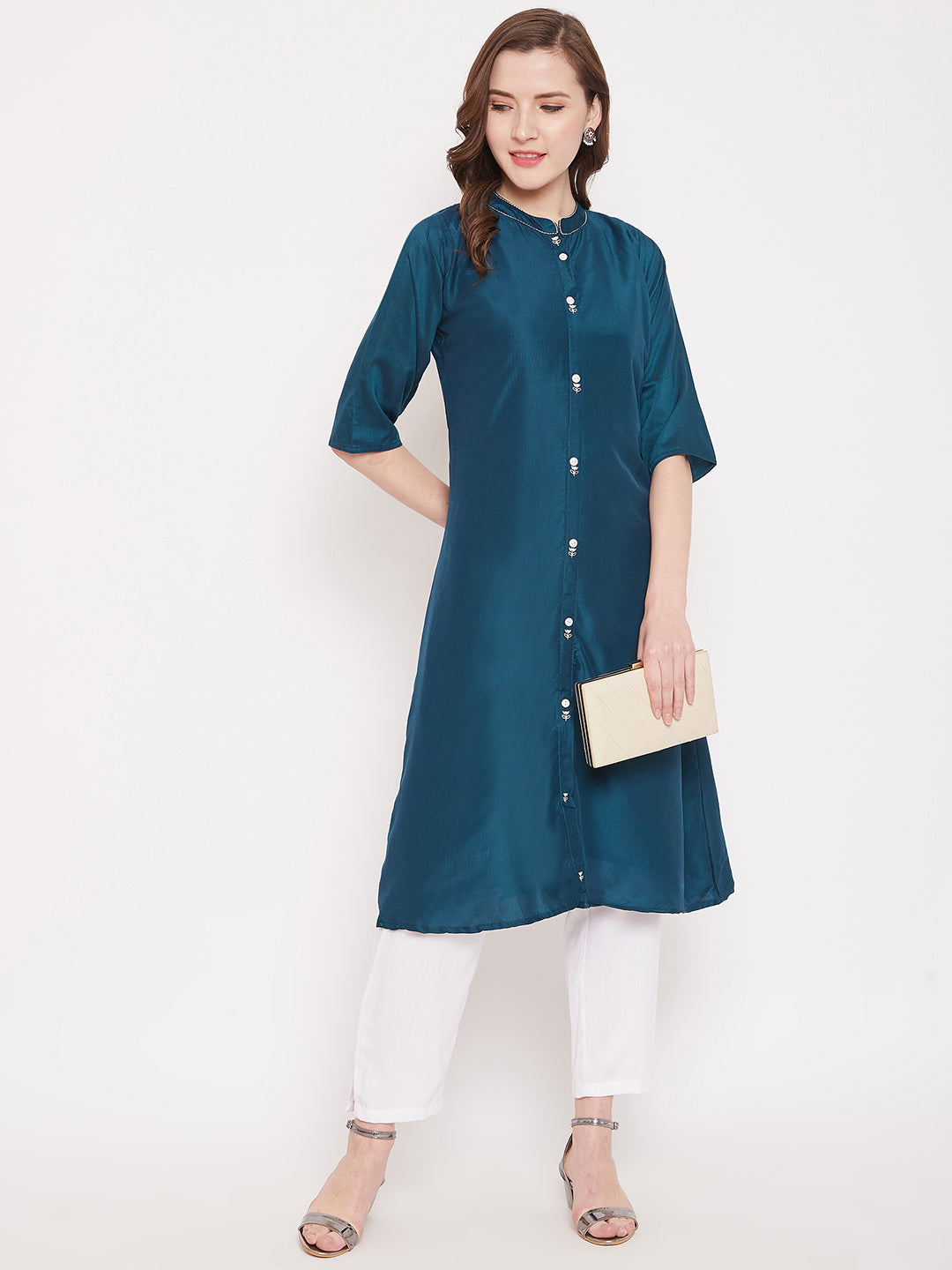 Peacock Blue Embroidery Solid Color Kurti