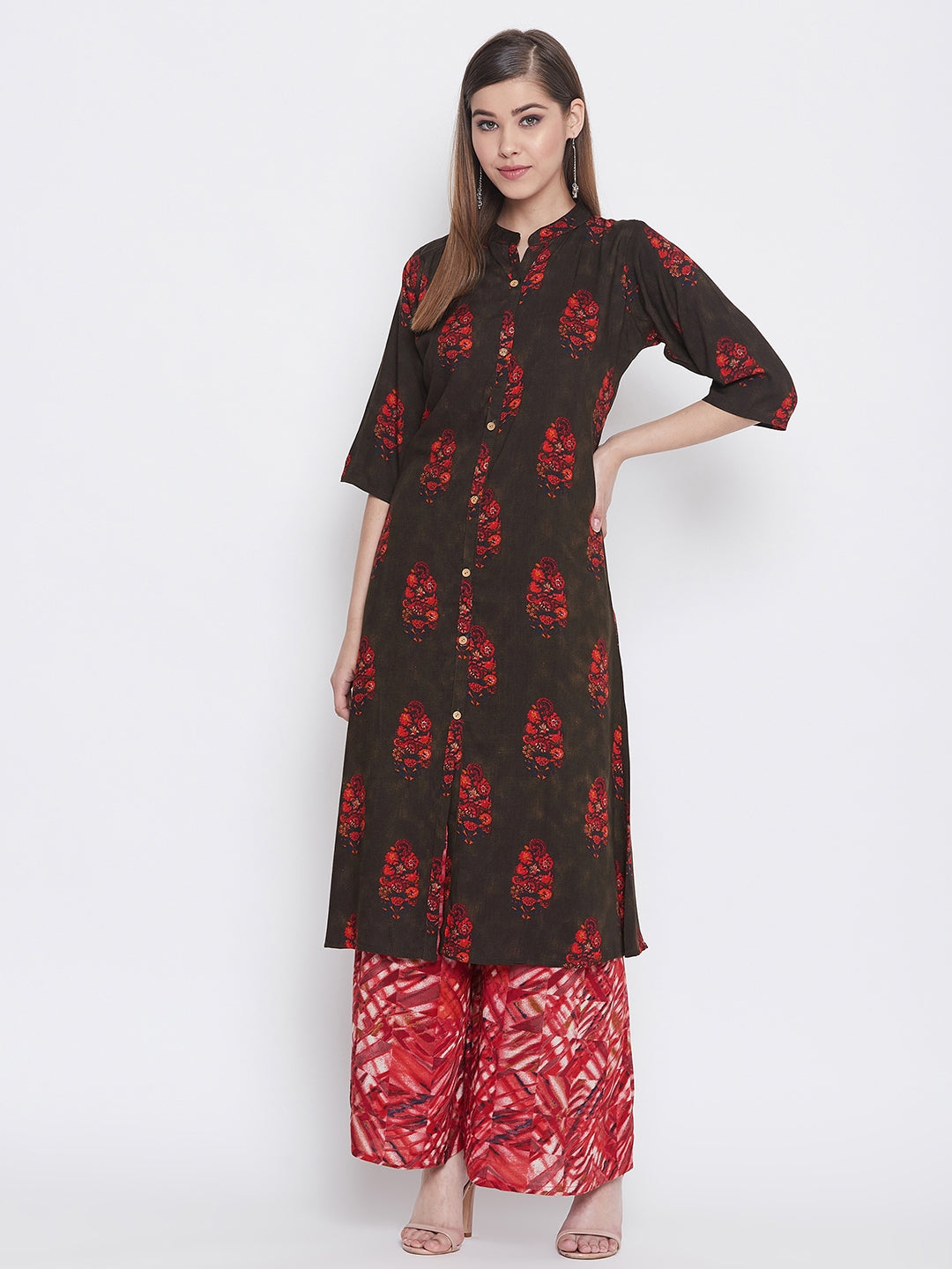 Printed Livid Brown and Red Kurti with Palazzo