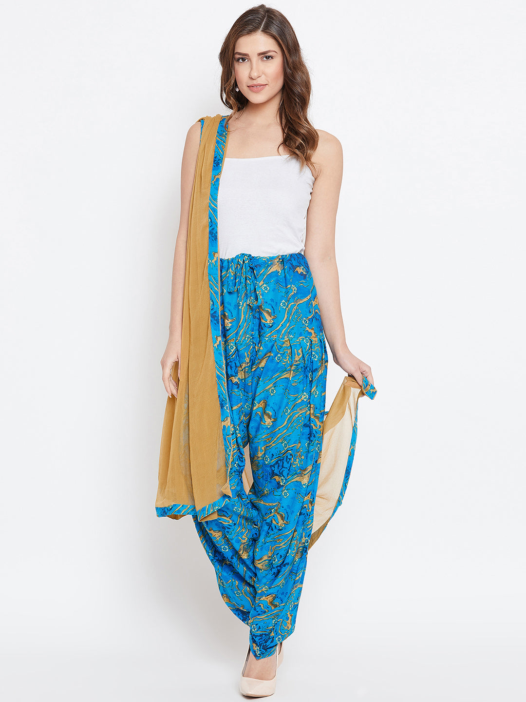 Blue Marble Pattern Printed Rayon Patiala with Dupatta