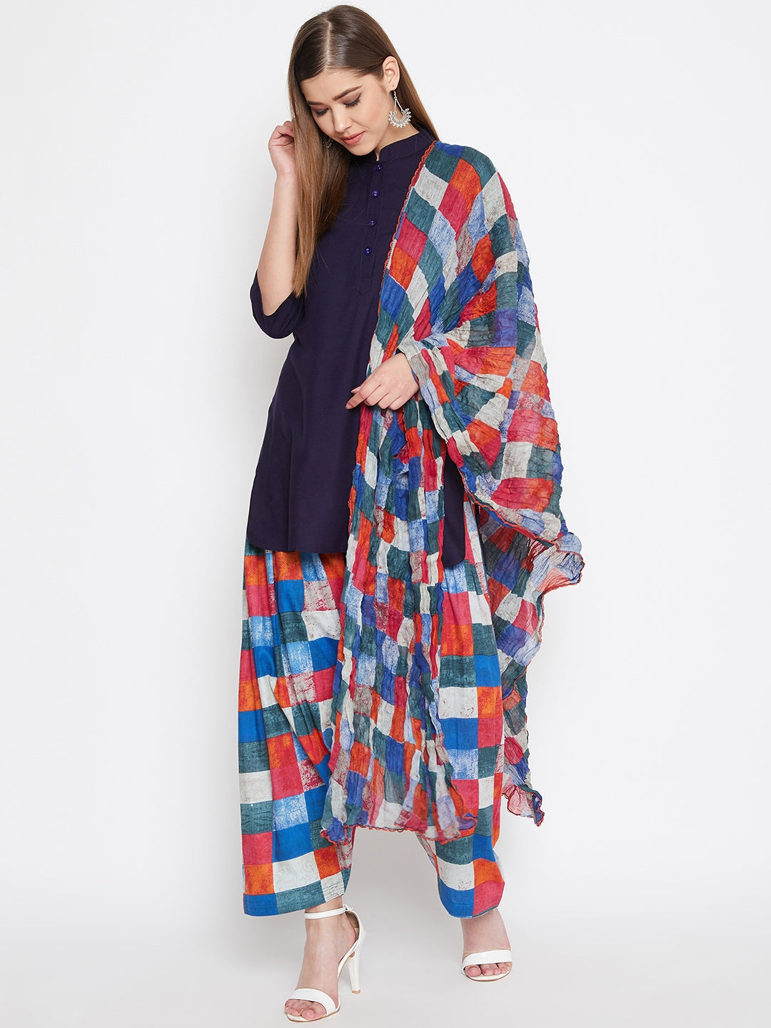 Multicolour Checks Printed Cotton Patiala with Dupatta