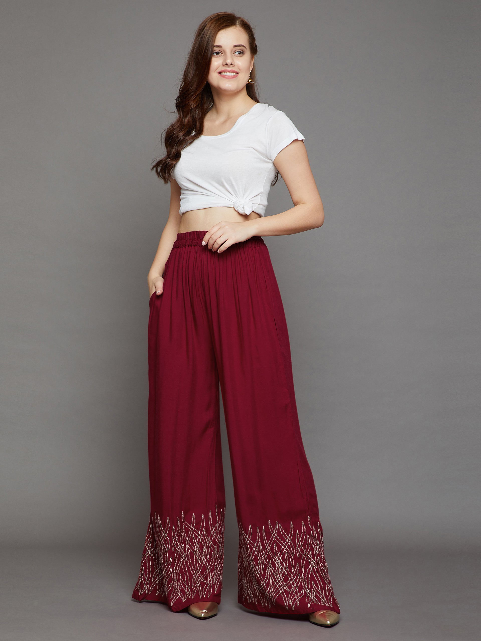 Plum Maroon Embroidery Palazzo