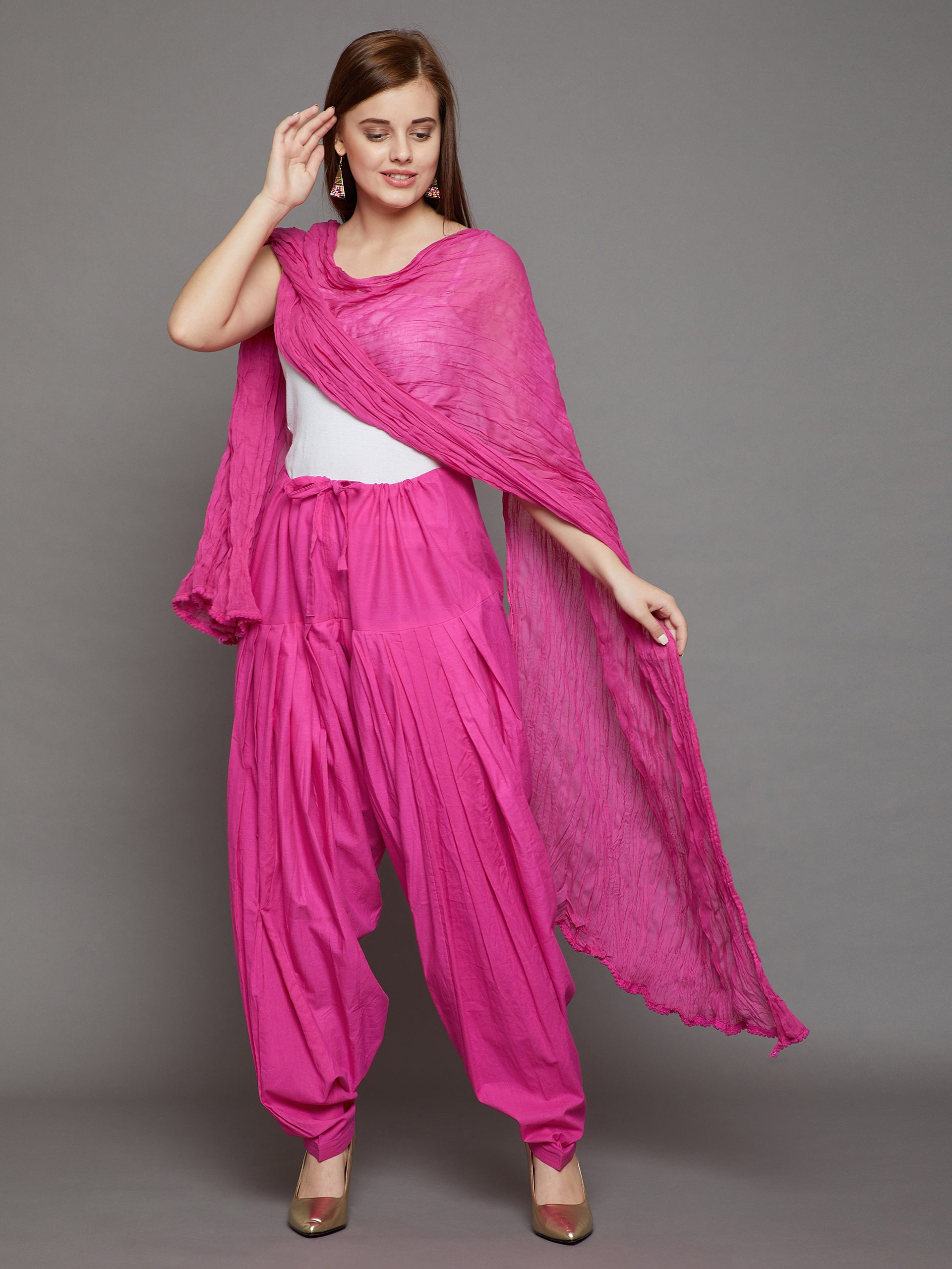 Pink Cotton Plain Patiala with Dupatta Free size