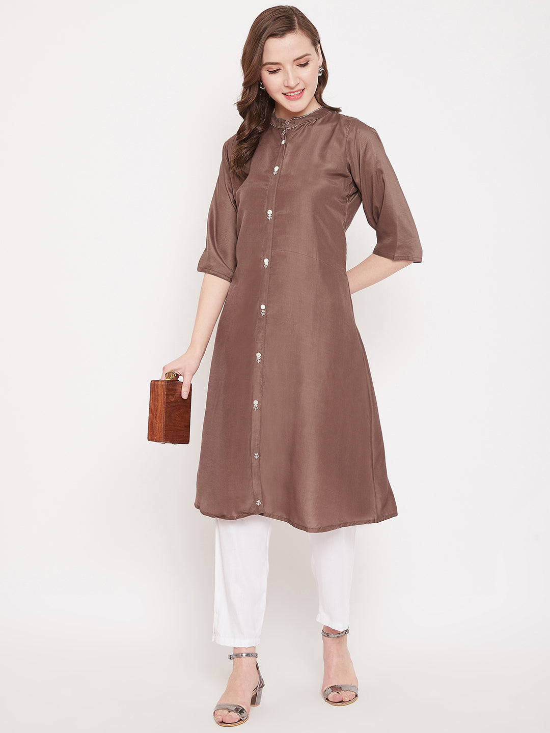 Brown Embroidery Solid Color Kurti