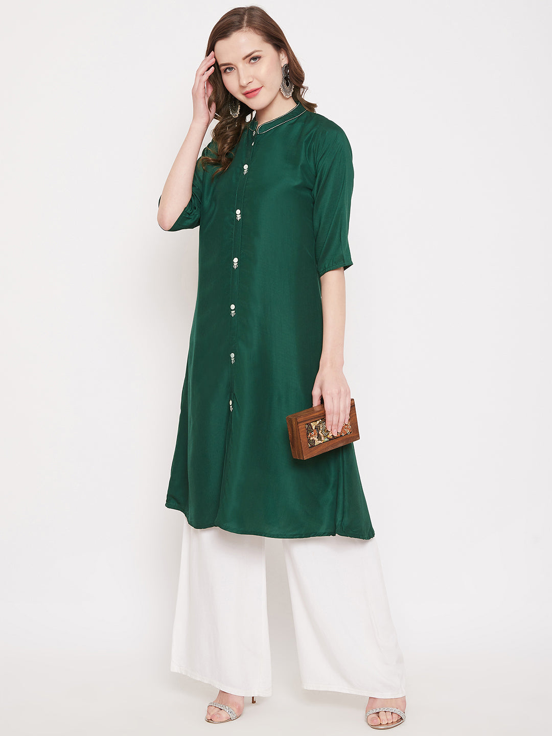 Bottle Green Embroidery Solid Color Kurti