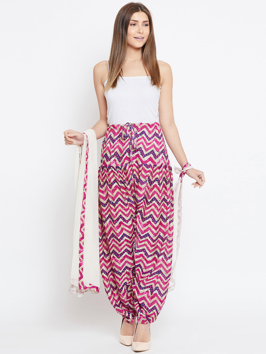 Pink and Navy Blue Chevron Printed Rayon Patiala with Dupatta