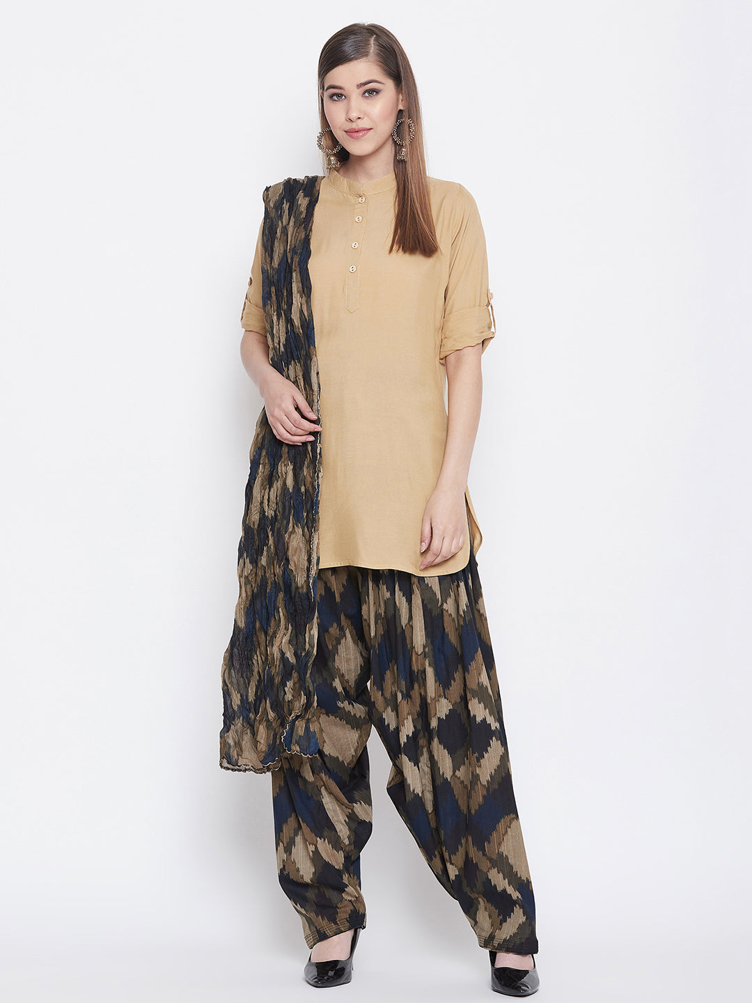 Ikat Print Patiala with Tan Brown Kurti Set