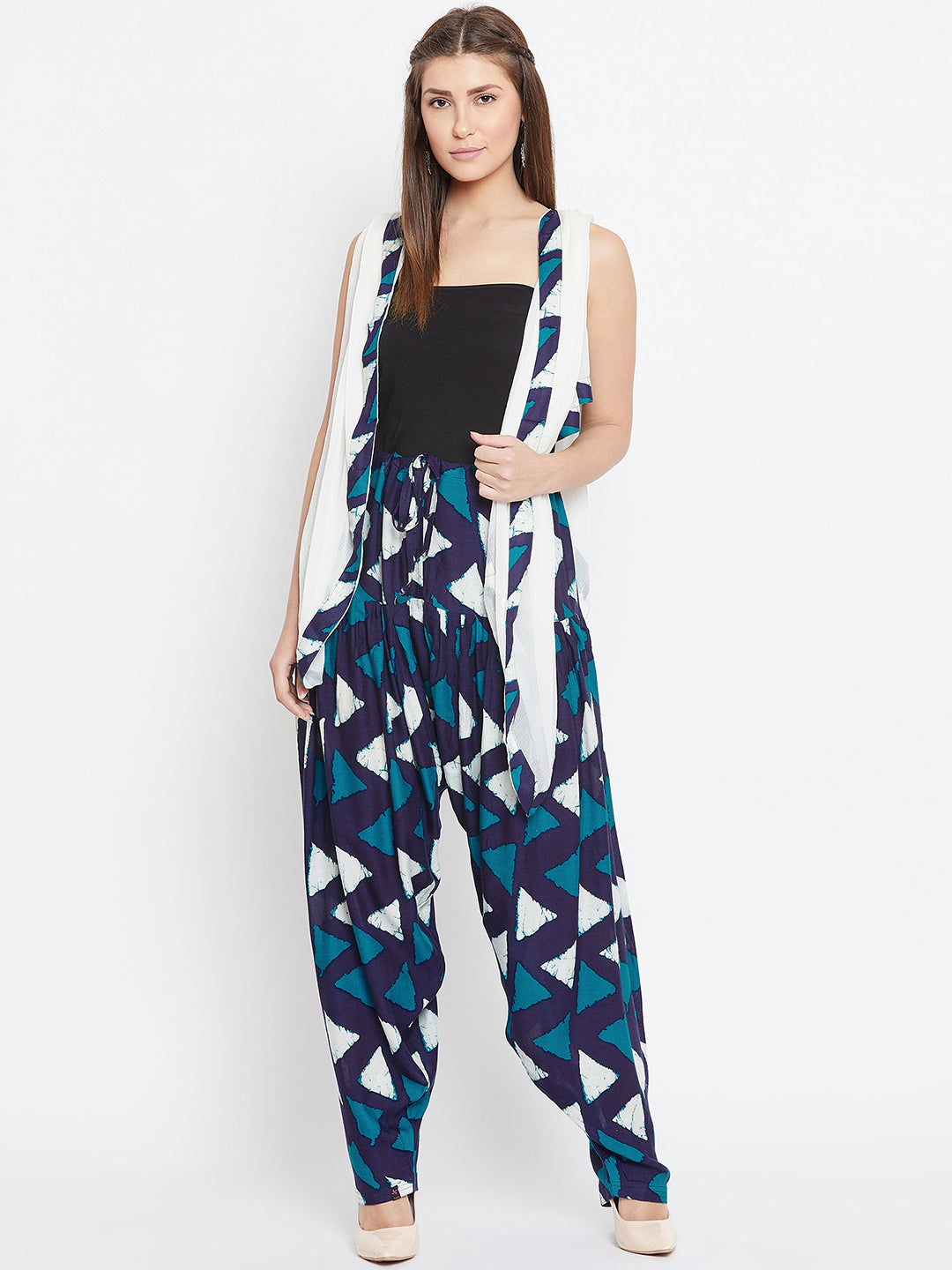 Geometric Pattern Navy Blue Printed Rayon Patiala with Dupatta