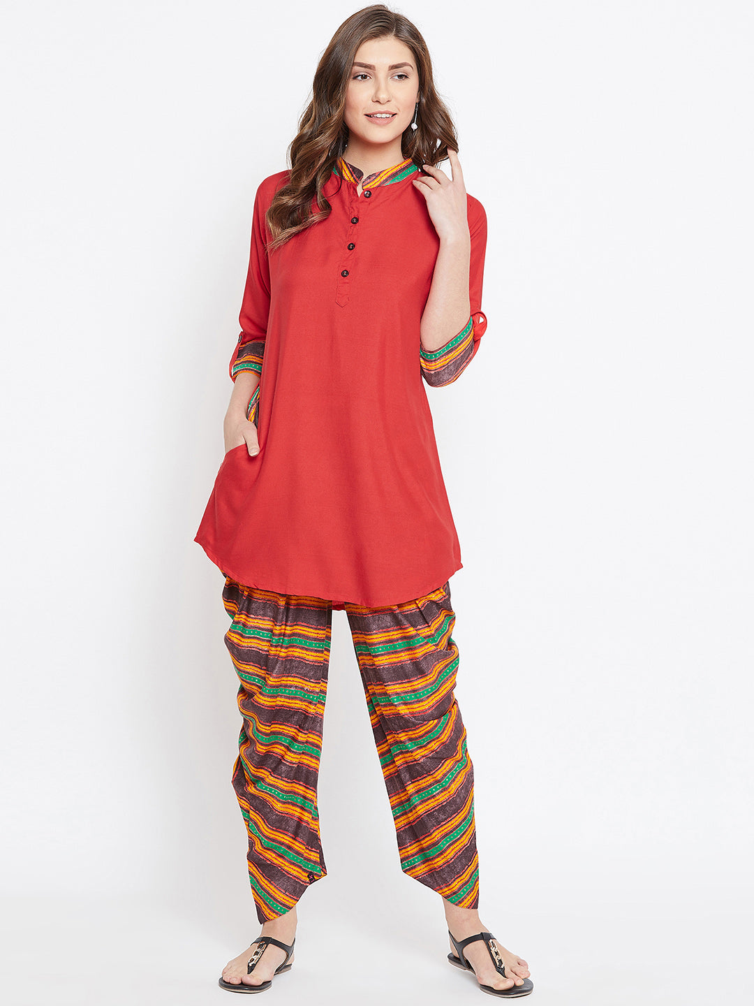 Red with Multi-striped Print Dhoti Set