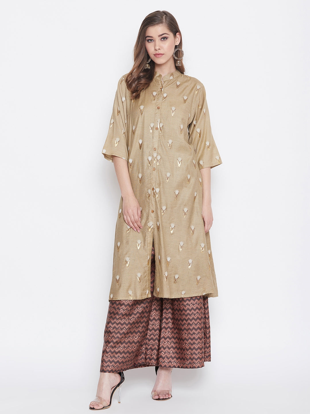 Glitter Printed Tan brown and Redwood Kurti with Palazzo