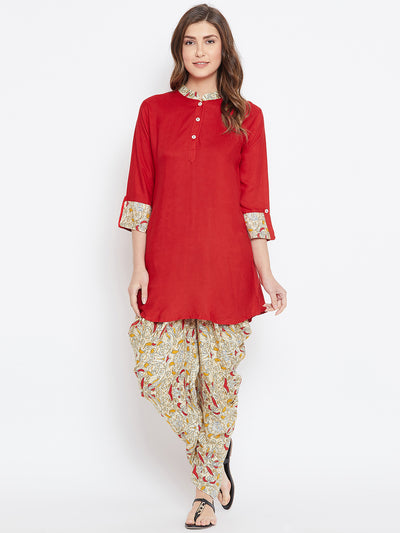 Red with Knitted Swirls Print Dhoti Set