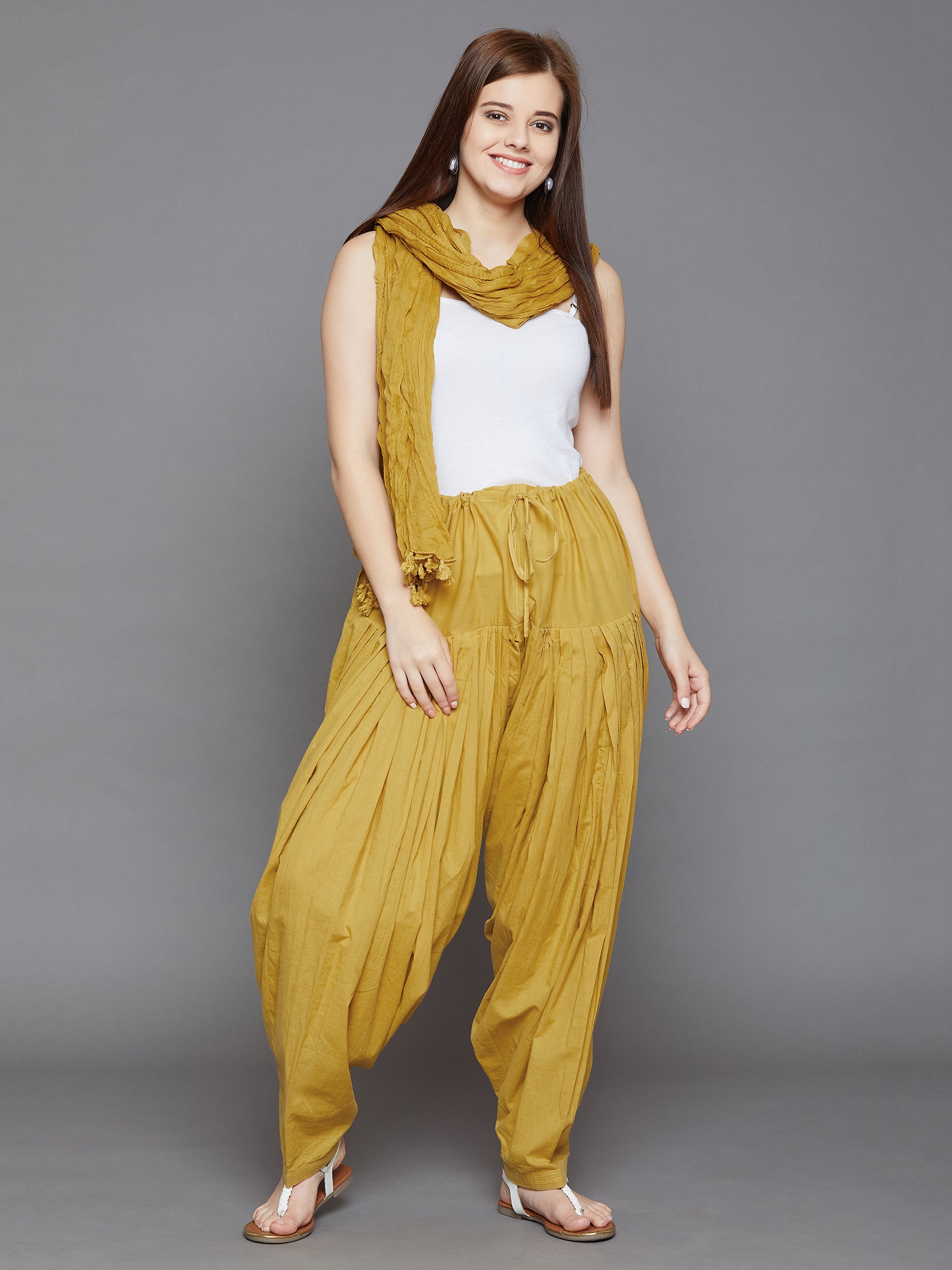 Mustard Cotton Plain  Patiala with Dupatta