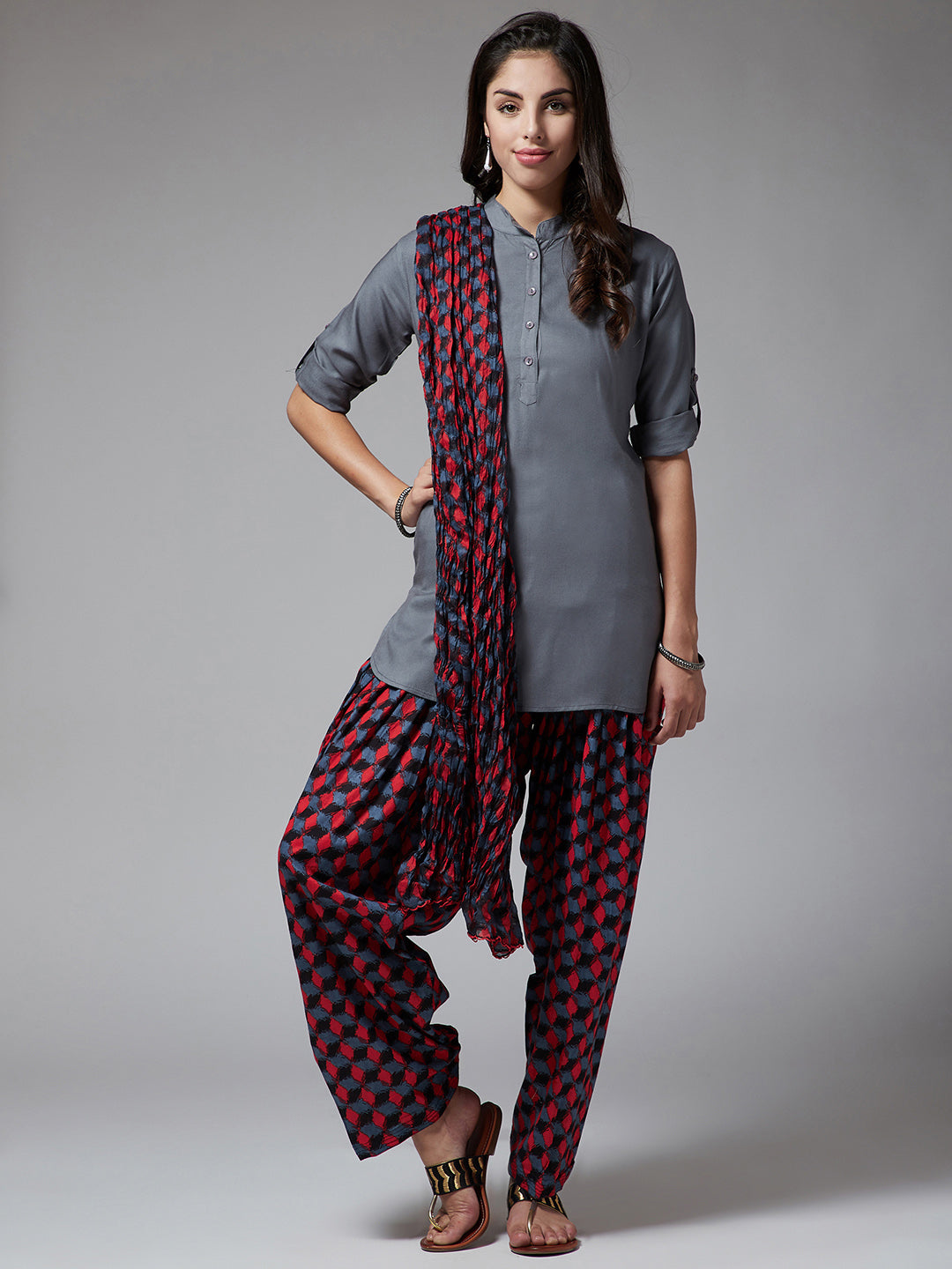 Geometric Print Patiala with Grey Kurti Set
