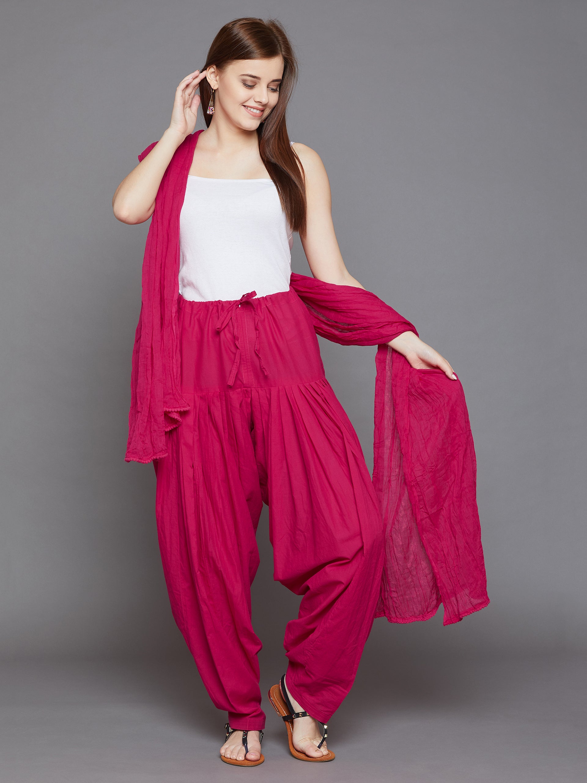 Rani Pink Cotton Plain Patiala with Dupatta Free size