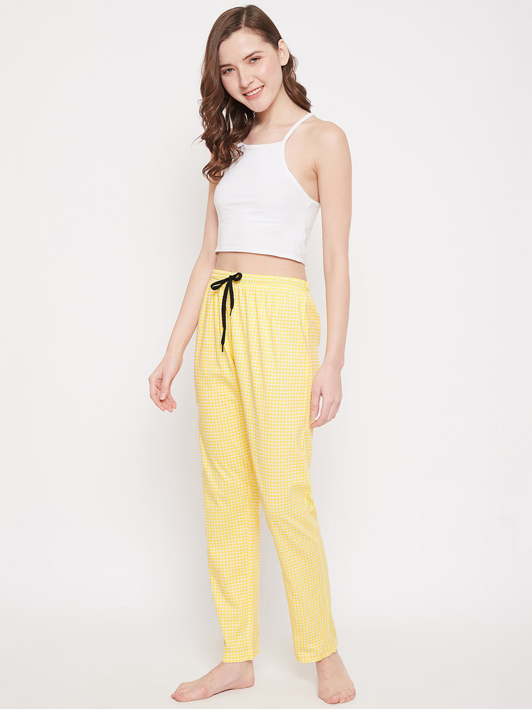 Women's Yellow Checks Printed Pajama