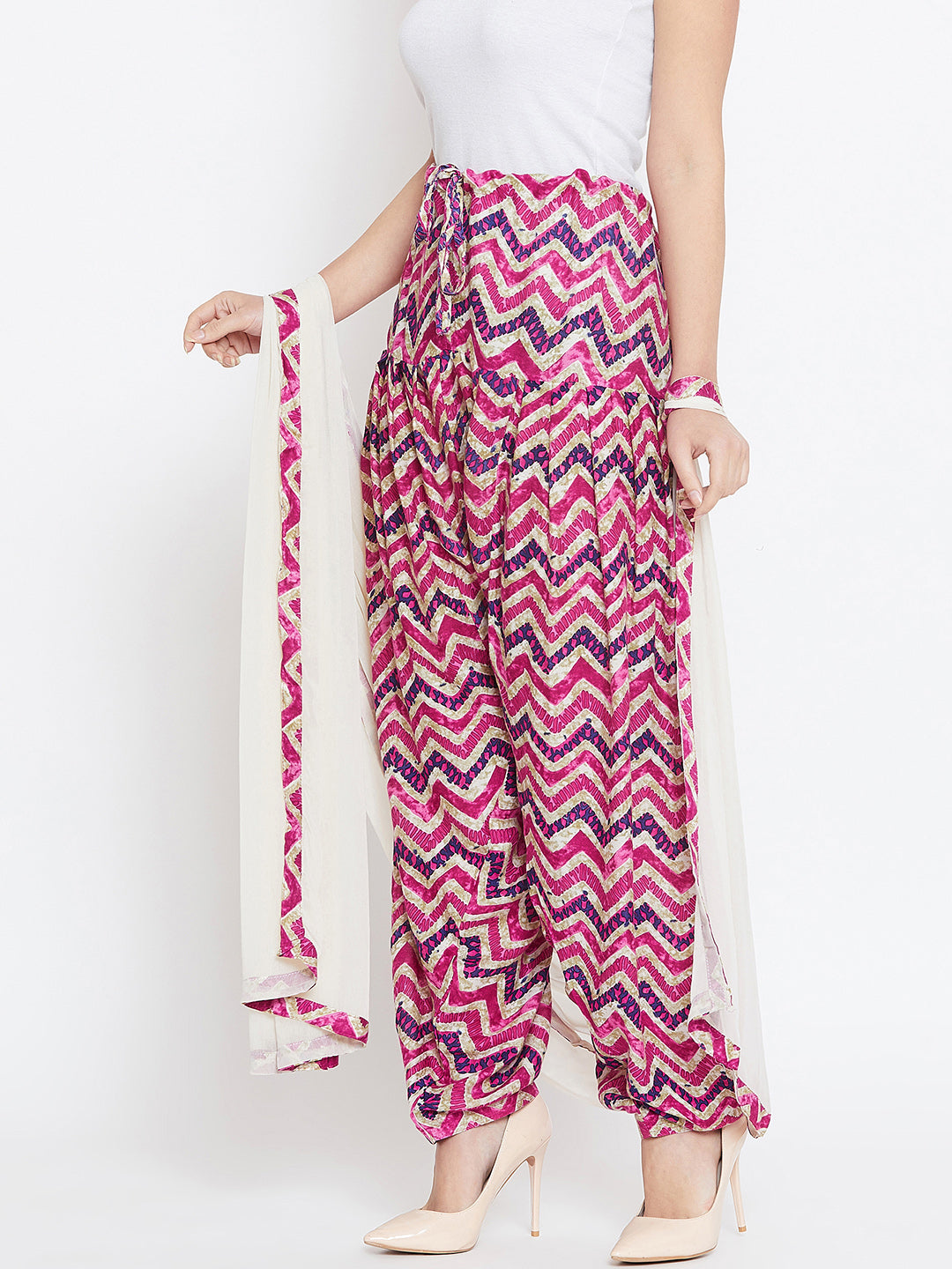 Pink and Navy Blue Chevron Printed Rayon Patiala with Dupatta