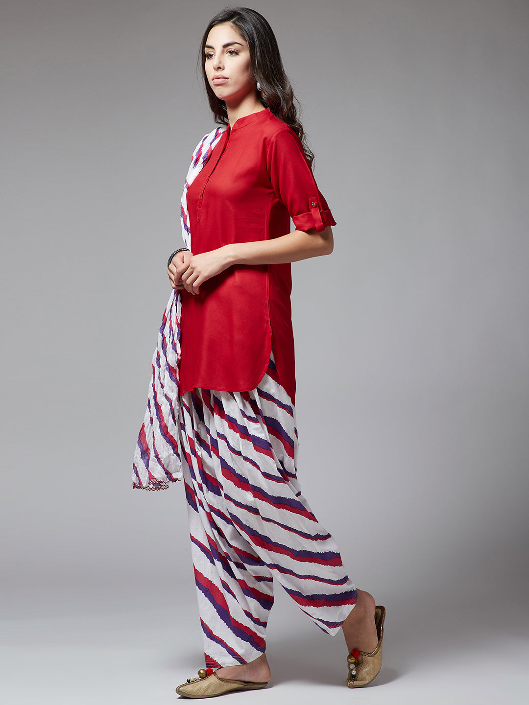Regimental Stripes Patiala with Red Kurti Set
