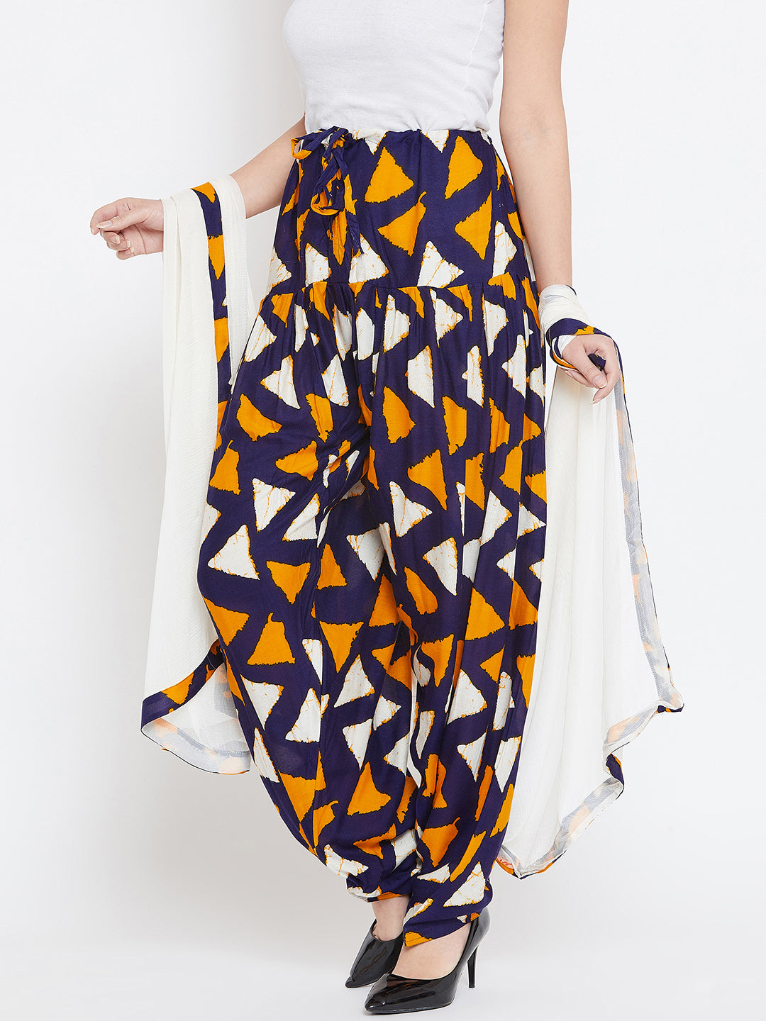 Orange & Navy Blue Geometrical Print Rayon Patiala with Dupatta