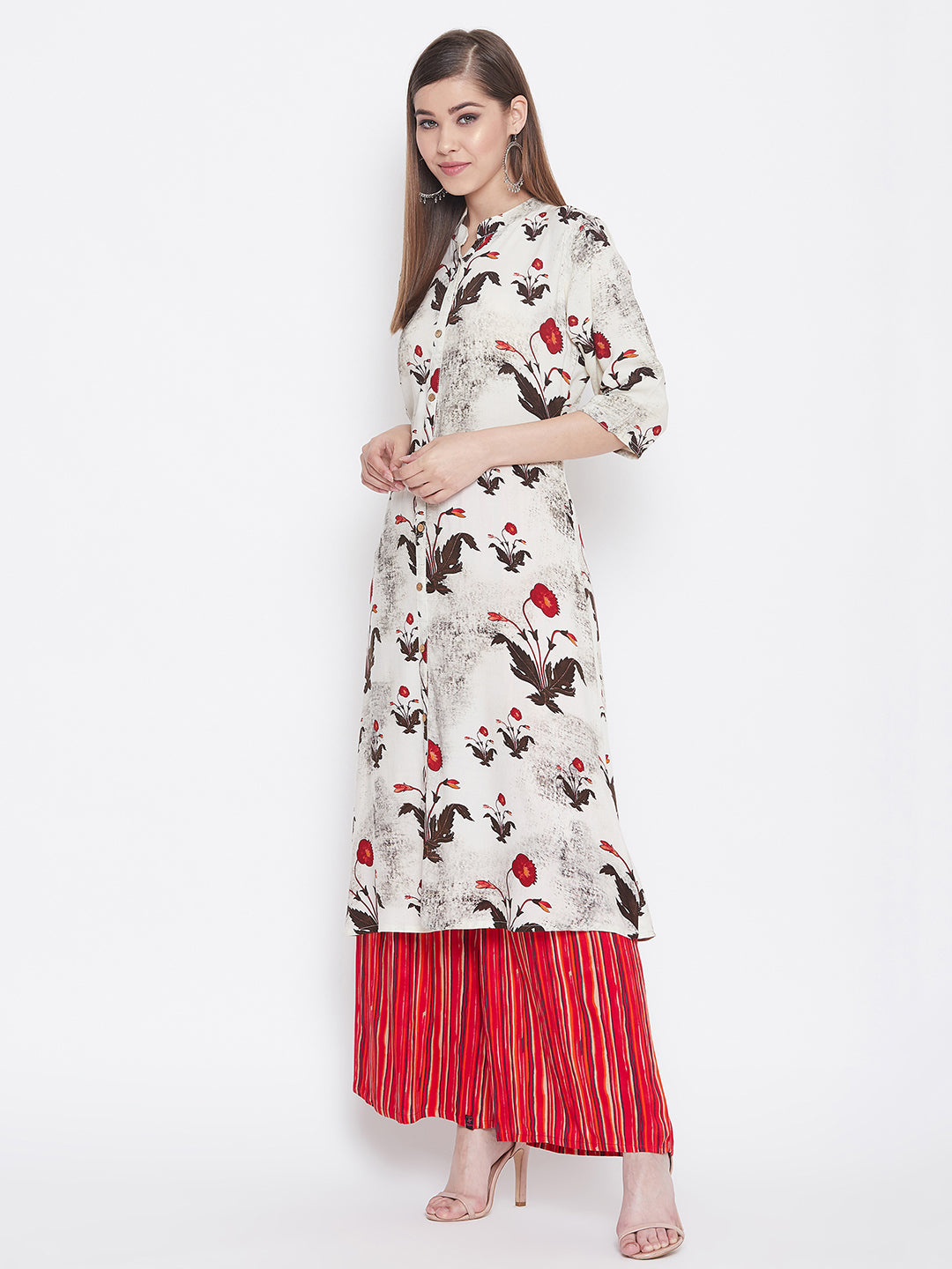 Floral Printed White and Red Kurti with Palazzo