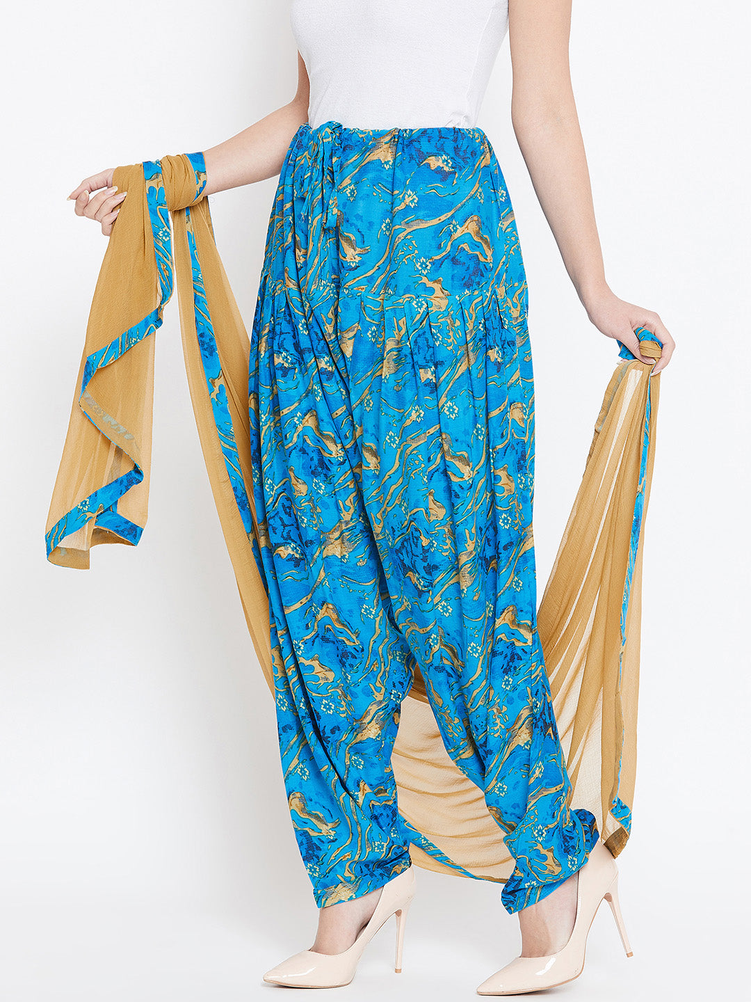 Blue Marble Pattern Printed Rayon Patiala with Dupatta