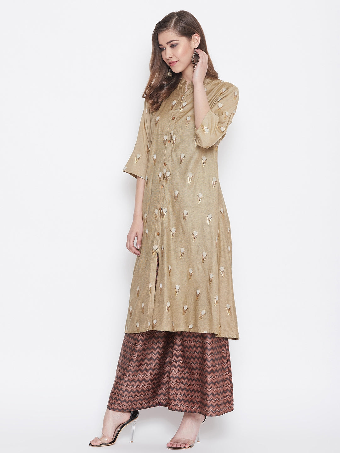 Glitter Printed Tan brown and Redwood Kurti with Palazzo