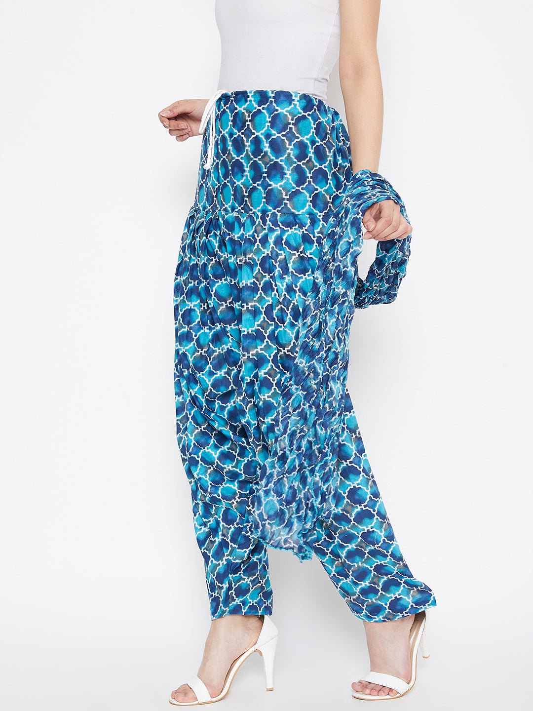 Blue Agate Printed Cotton Patiala with Dupatta