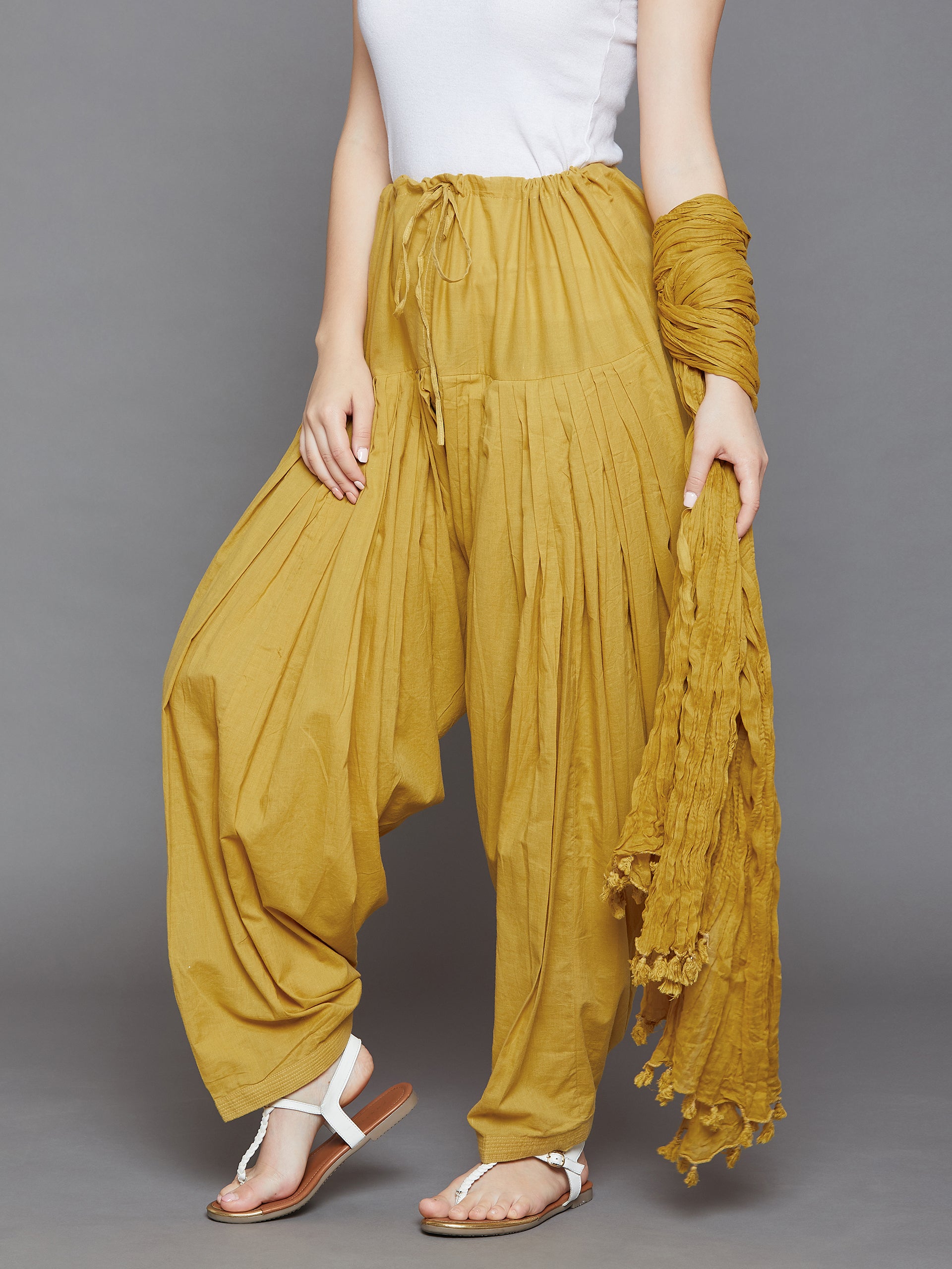 Mustard Cotton Plain  Patiala with Dupatta