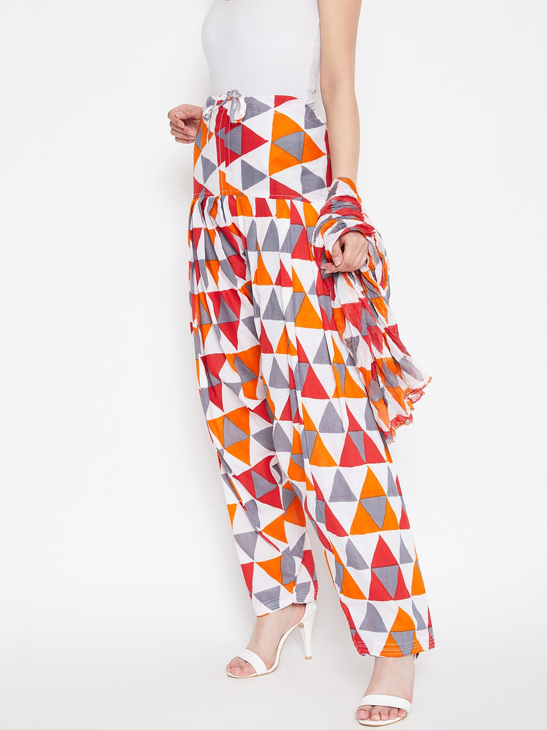 Multicolour Geometric Pattern Printed Cotton Patiala with Dupatta