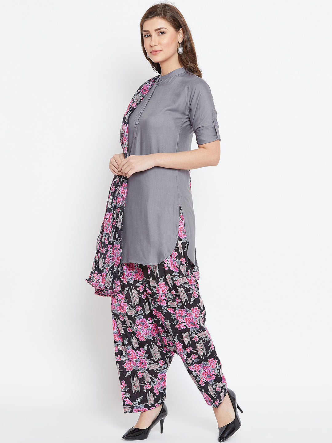 Baroque Print Patiala with Elephant Grey Kurti Set