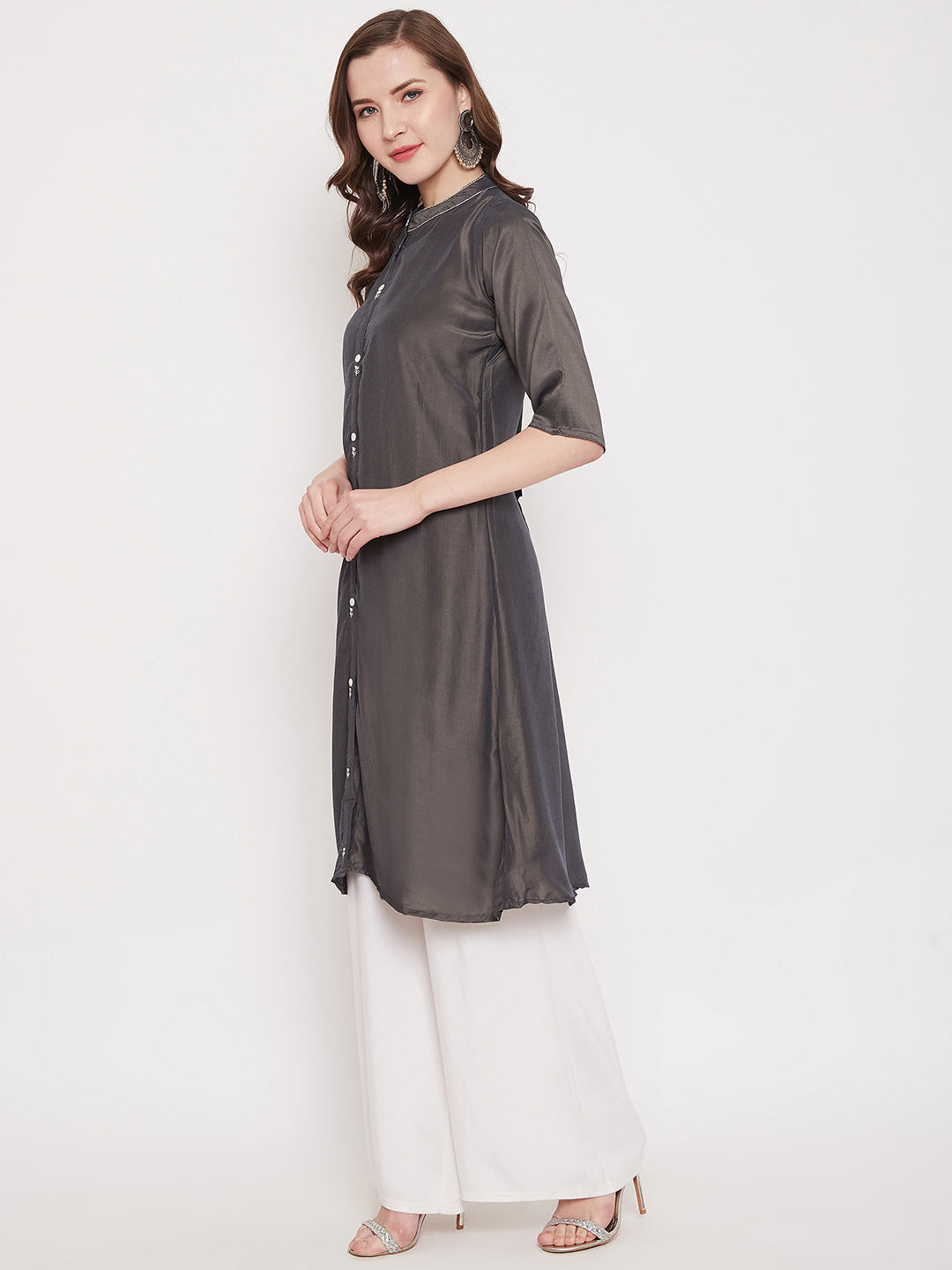 Ash Grey Embroidery Solid Color Kurti