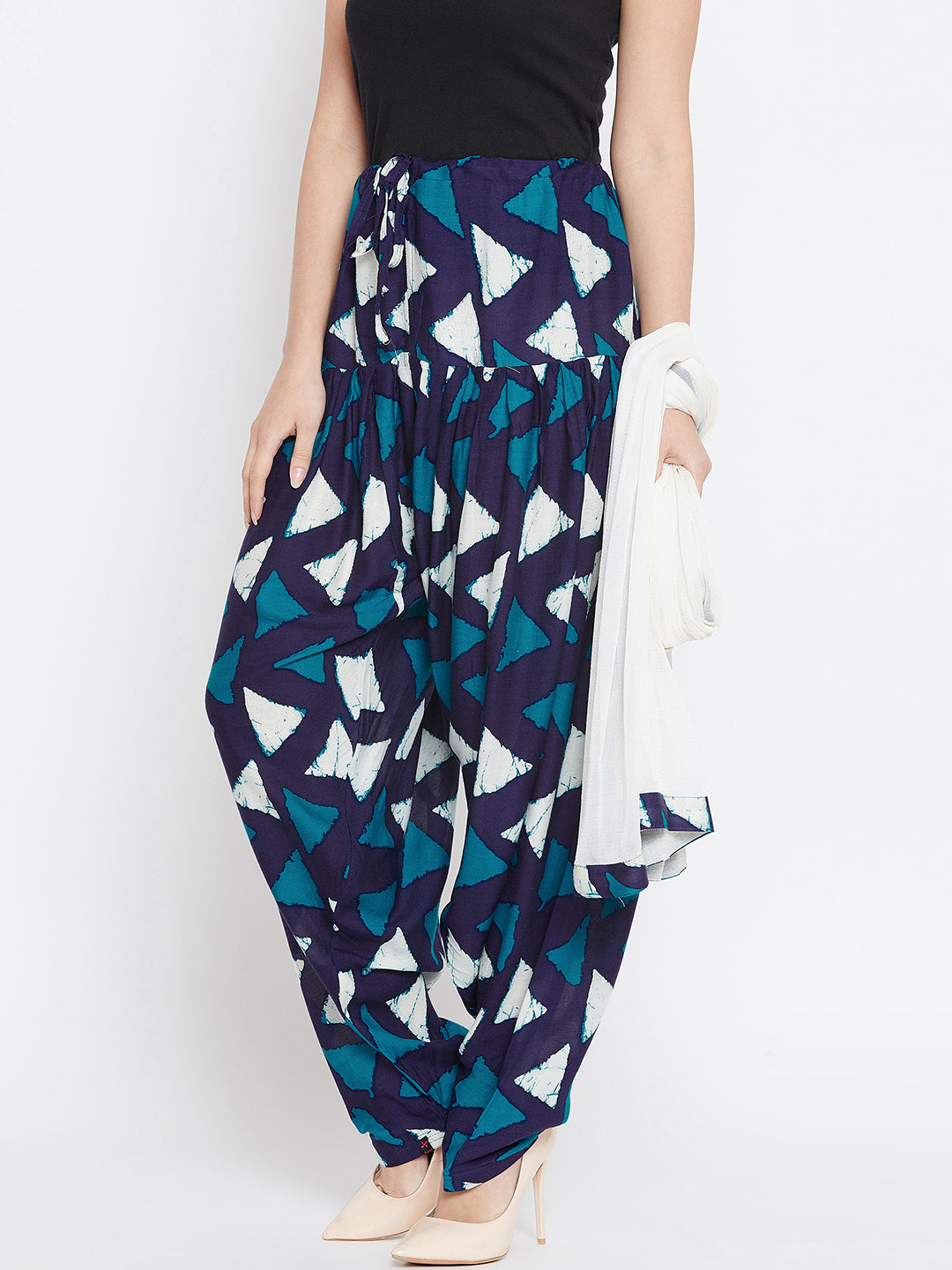 Geometric Pattern Navy Blue Printed Rayon Patiala with Dupatta