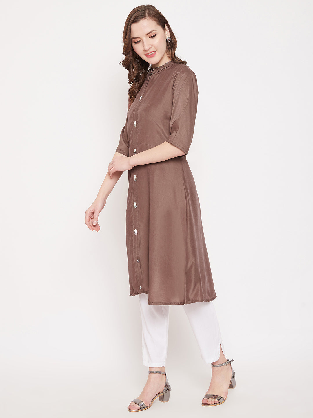 Brown Embroidery Solid Color Kurti